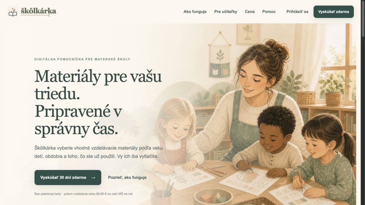 Úvodná stránka platformy Škôlkárka